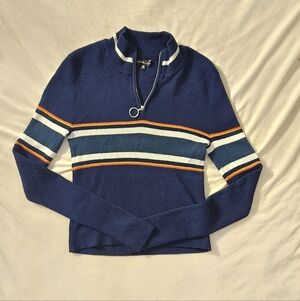 Kendall & Kylie Navy and Orange Striped Turtleneck 1/4Zip Sweater Womens MEDIUM